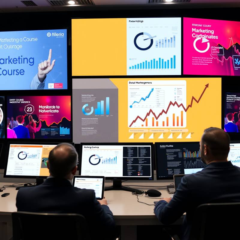 Marketing course category featuring ads and data analytics on multiple screens.
